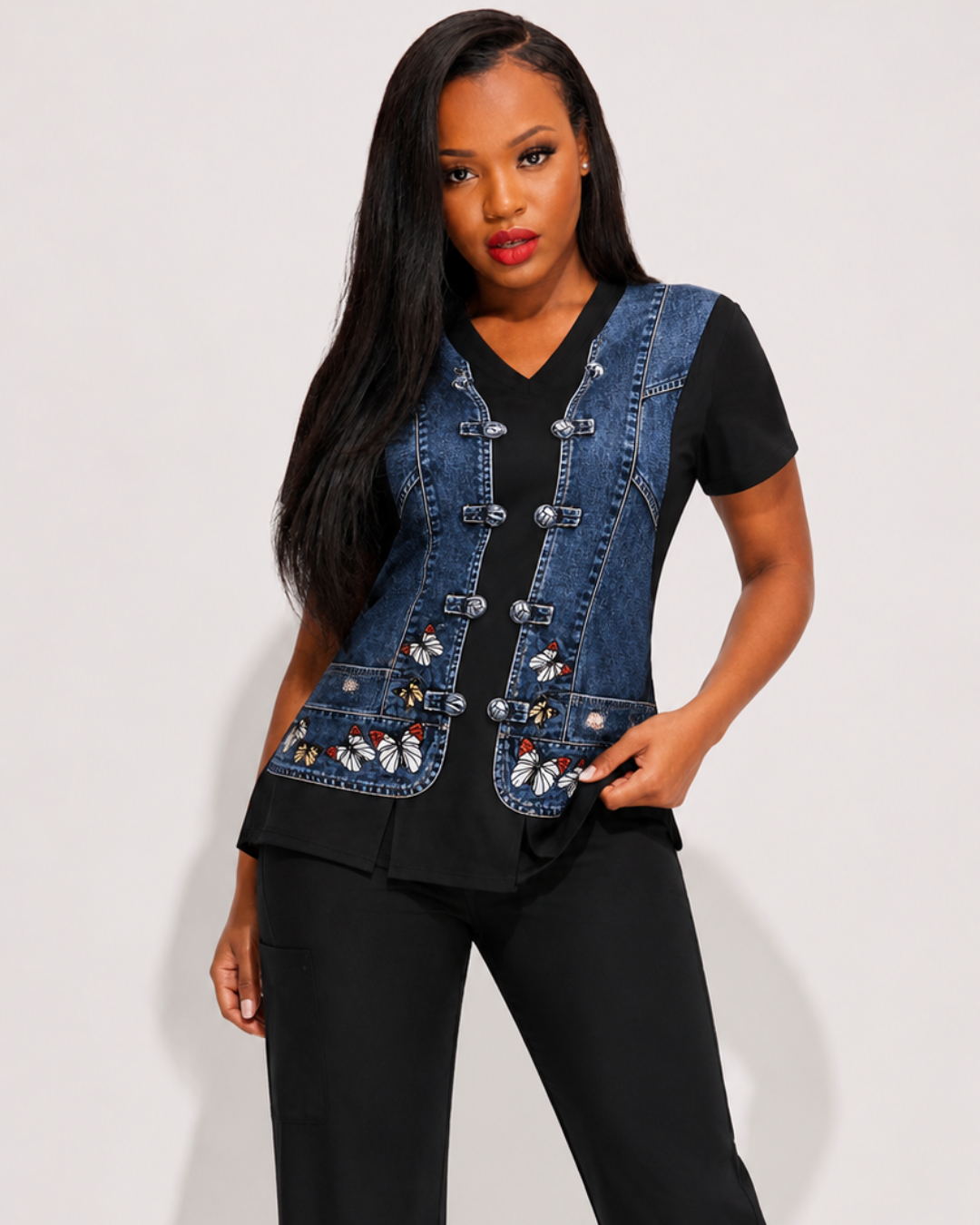 Denim Stretch Scrub Top