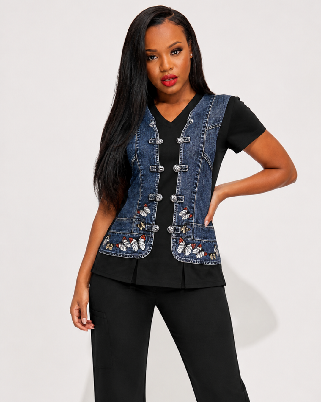 Denim Stretch Scrub Top